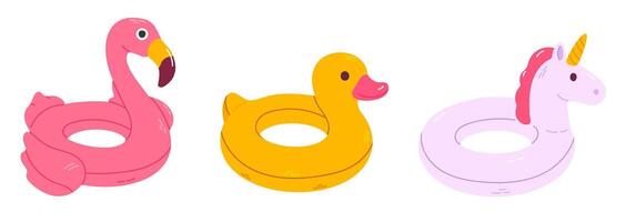 Collection of three isolated inflatable pool floats including flamingo, duck, and unicorn, ideal for summer designs and kids products vector