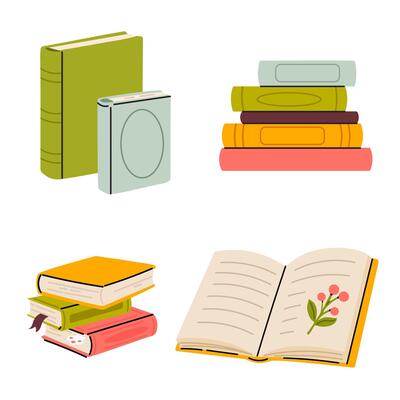 Assorted books in different colors and positions with mugs and decorative elements