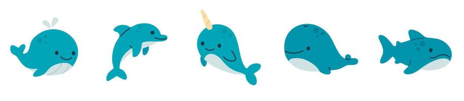 Blue-toned marine mammals horizontal set with whales, narwhal, dolphin, and shark with soft, rounded design vector