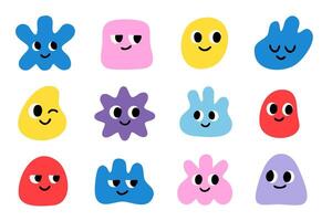 Collection of abstract colorful characters with emotions. Fun faces in bright minimal shapes on white background. Ideal for childrens projects, branding, or playful design elements. vector