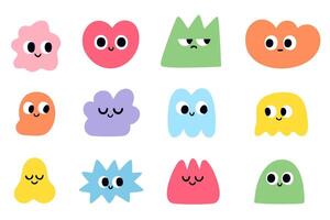 Set of colorful geometric characters with expressive faces. Unique hand-drawn shapes with various moods and emotions on white background. Perfect for stickers, prints, or kids' design. vector
