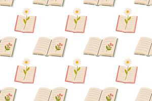 Repeating pattern of opened books with flower illustrations and soft background vector