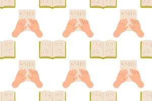 Seamless pattern with hands reading Braille. Repetitive tactile reading concept for accessibility, disability support, and inclusive education. vector