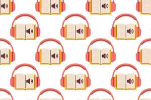 Seamless pattern with open books and headphones. Audiobook symbol in repeating design on white background. Ideal for educational and media themes. vector