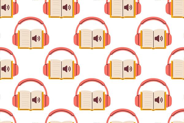 Seamless pattern with open books and headphones. Audiobook symbol in repeating design on white background. Ideal for educational and media themes.