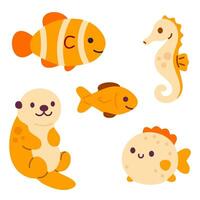 Group of colorful marine animals including clownfish, otter, seahorse, pufferfish, and fish with joyful faces vector