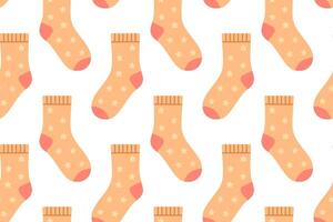 Seamless pattern with soft pink socks decorated with stars and dots. Gentle design for cozy apparel and textile prints. vector