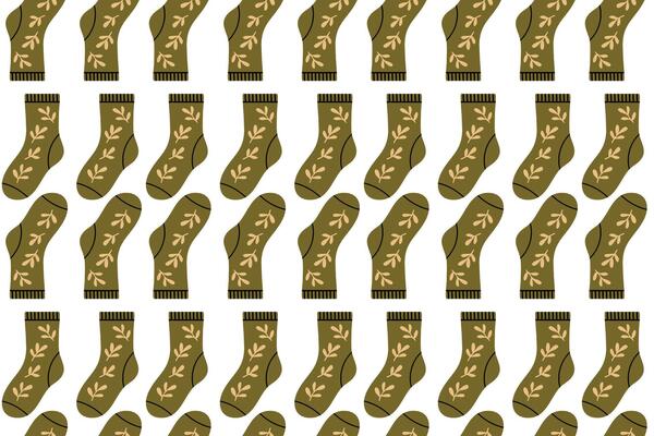 Seamless pattern featuring green socks with decorative botanical elements. Natural and earthy theme for autumn wear.
