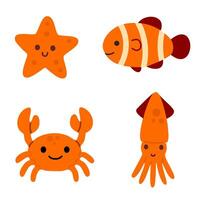 Ocean-themed set featuring starfish, clownfish, crab, and squid in bright orange and red tones vector