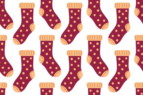 Seamless pattern with burgundy socks and polka dots. Soft and warm design for textile and cozy fall illustrations.