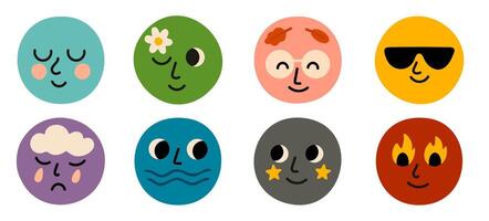 Set of round faces expressing emotions through fire, water, rain, cloud and stars. Colorful and simple characters for weather-related, emotional or kids design. vector