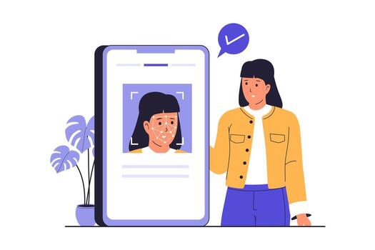 plano ilustración de facial reconocimiento y cara escáner con móvil aplicación vector