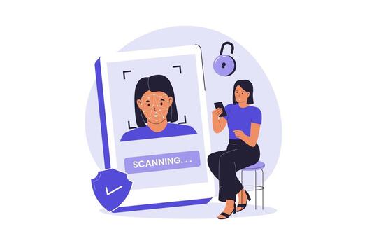 Flat Illustration of Facial Recognition and Face Scanner on Mobile Device vector