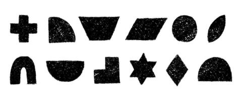 Set of black and white geometric figures hand drawn with crayon. Black pencil or charcoal silhouettes of textured primitive elements. graphic elements isolated on a white background. vector