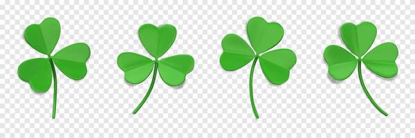 Green clover leaf 3D. Trefoil leaves. Shamrock symbol of lucky and Irish holiday St. Patrick Day. 3D icons shamrock with three leaves. Design element isolated on a transparent background vector
