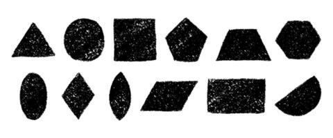 Set of black and white silhouette of geometric figures with crayon or charcoal texture. Hand drawn pencil textured shapes. graphic elements isolated on a white background. vector