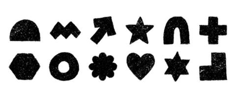Set of black and white geometric figures in hand drawn sketch style. Silhouettes of chalk pencil or crayon textured shapes. graphic elements isolated on a white background. vector