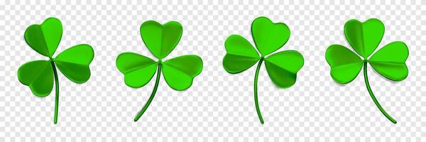 Shamrock leaves 3D. Green Trefoil leaves. 3D icons with shamrock. Symbol of lucky and Irish holiday St. Patrick Day. Decorative elements isolated on a transparent background vector