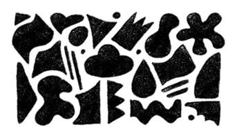 Charcoal texture abstract figure set. Organic shapes hand drawn with crayon. Silhouettes of black pencil textured design elements. illustration isolated on a white background. vector