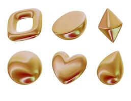 3D realistic render gold figures. Yellow metallic design objects. decorative geometric shapes. Crystal, Sphere, Semicircle, Heart, drop. Isolated on a white background vector