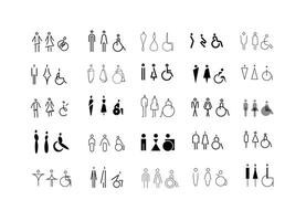 WC icons, stylish and modern design for male, female, accessible restrooms drawing on white bg. vector