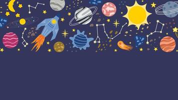 Horizontal copy space template cosmos theme. Blue background with planets, sun, stars, space dust and meteors. Astronomical space banner with place for text, graphic vector