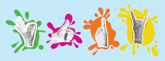 Halftone style hand gestures on bright paint blots. Set of female hand signs for social media and communication. Modern collage with trendy human hand signs. graphics vector