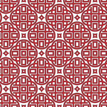 Intricate Red and White Eastern Chinese Geometric Pattern with Interlocking Circles and Rectangles vector
