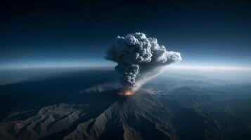 Aerial View of Erupting Volcano with Ash and Smoke Plumes Against a Blue Sky1 photo