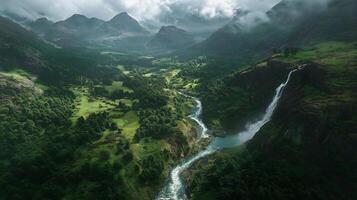 Aerial View of Lush Green Valley with River and Waterfall4 photo