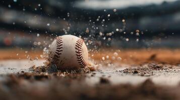 Closeup of Baseball Splashing in Wet Stadium Dirt 3 photo
