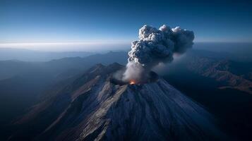 Aerial View of Erupting Volcano with Ash and Smoke Plumes Against a Blue Sky photo