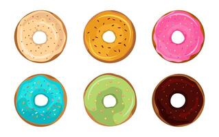 Doughnuts with different glazes and sprinkles. Chocolate, fruit and caramel glaze Sweet pastries, dessert, confectionery illustration donut icon on white background vector