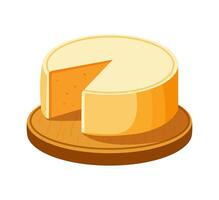 Large piece of cheese with cut out part on wooden cutting board. vector