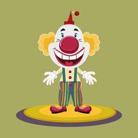 A cheerful clown stands on a round stage with an inviting performance. Smiling clown in striped trousers Clown, jester, comedian, magician Isolated on green background vector