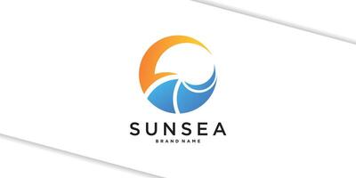 Abstract circular sun and sea waves logo design. Premium vector
