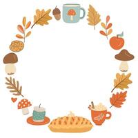 Hand drawn autumn wreath with a pie, coffee mug, cookies, mushrooms, and fall leaves. Ideal for seasonal greeting cards, cozy invitations, or autumn themed designs with editable space vector