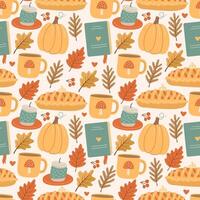 Autumn pattern with pumpkins and cozy drinks vector