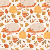Autumn cat pattern with leaves and pumpkins vector