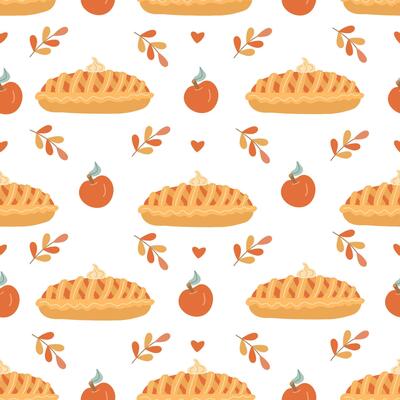 Seamless pattern with hand drawn apple pies, red apples, hearts, and autumn branches. Perfect for cozy fall textile, fabric prints, and seasonal backgrounds