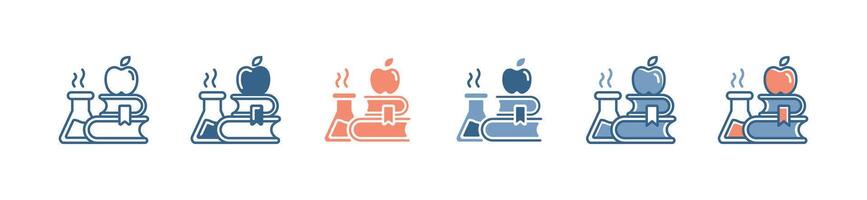 education school supply science tool icon set chemical flask with book stack signs business study laboratory research illustration vector