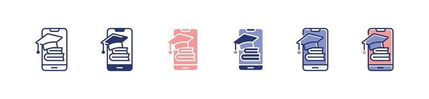 mobile online course book icon set digital education school graduation hat library study e-learning signs illustration for web and app vector