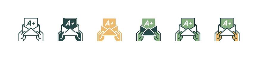 hand holding envelope exam result score icon set school quiz test evaluation grade report symbol illustration vector
