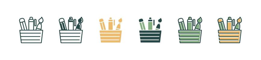 school stationery supply holder icon set pencil, pen, paint brush container office work desk element signs illustration for web and app vector