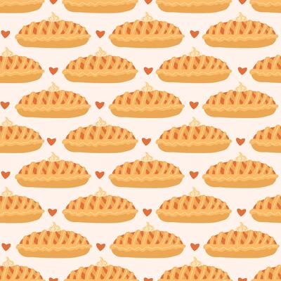 Seamless pattern with hand drawn apple pies and hearts on a warm pink background. Ideal for autumn textile designs, cozy kitchen fabric, and seasonal food-themed prints