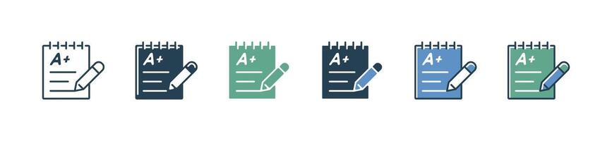 notepad exam score grade icon set education quiz test result with pencil school performance report symbol illustration vector