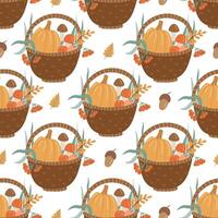 Seamless fall pattern with harvest baskets filled with pumpkins, mushrooms, rowan berries, and autumn leaves. Ideal for textile design and wrapping paper vector