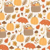 Seamless pattern with pumpkins, umbrellas, autumn leaves, mushrooms, and harvest baskets. Ideal for fall themed fabric, wallpaper, and cozy seasonal textile projects vector