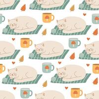 Seamless pattern with cozy white sleeping cats on blankets, fall leaves, and warm mugs. Perfect for autumn textile, wallpaper, and seasonal fabric design vector