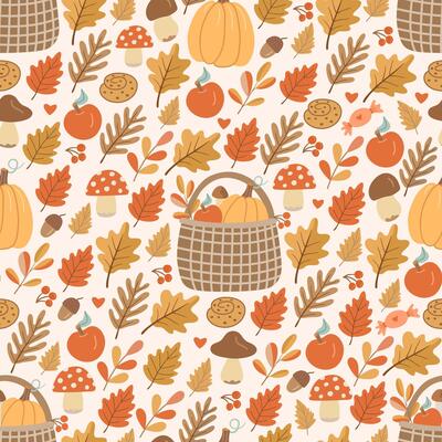 Seamless pattern with cozy autumn elements, harvest basket, pumpkins, apples, mushrooms, cookies and fall leaves. Perfect for seasonal fabric, wallpaper, and warm textile designs